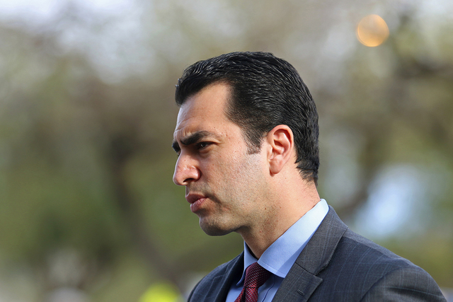Democratic state Senator Ruben Kihuen speaks to supporters prior to filing with the Secretary of State’s office for the Congressional District 4 race Monday, March 7, 2016, in Las Vegas. Ronda C ...