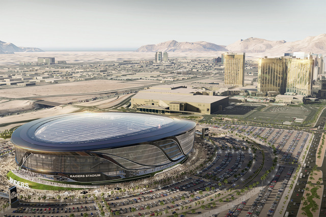 Una muestra artística de cómo luciría un estadio de fútbol al sur del Strip, según el proyecto presentado por un grupo de desarrolladores urbanos que incluye Las Vegas Sands Corp. y los Raide ...