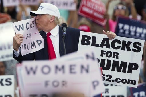 El candidato presidencial republicano Donald Trump besa un cartelón que dice "Women for Trump" (mujeres por Trump) en un acto de campaña  el 12 de octubre del 2016 en Lakeland, Fla. (AP Photo/ E ...