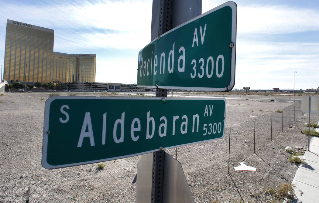 Señales de tráfico para las avenidas Aldebaran y Hacienda en el sitio del Estadio de Las Vegas el Martes, 17 de octubre de 2017. La Comisión del Condado de Clark el miércoles abandonará forma ...