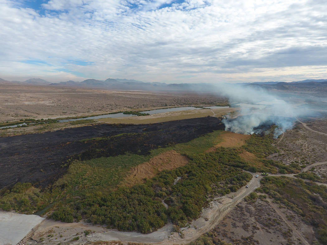 Alrededor de 10 a 12 hectáreas del Clark County Wetlands Park cerca del estadio Sam Boyd fueron carbonizados por un incendio el lunes 6 de noviembre de 2017 en Las Vegas. Michael Quine / Las Vega ...