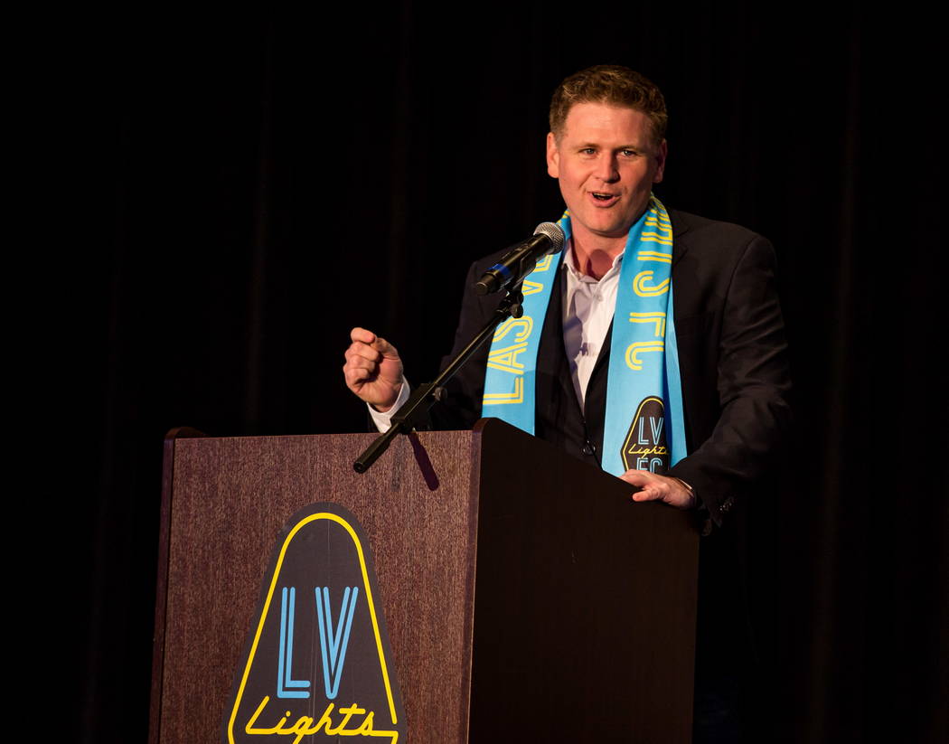 Las Vegas Lights FC soccer team owner Brett Lashbrook speaks during jersey reveal event at the Zappos Downtown campus on Las Vegas Boulevard on Wednesday, Feb. 7, 2018.  Patrick Connolly Las Vegas ...