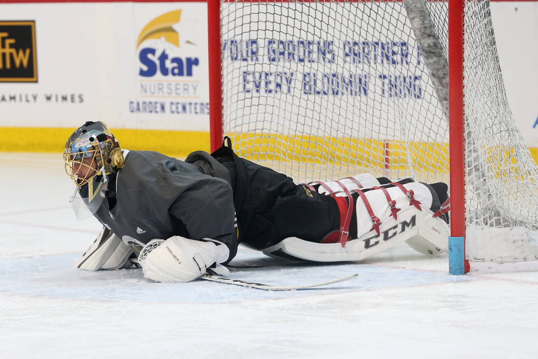 Vegas Golden Knights goaltender Marc-Andre Fleury (29) goes down for a pushup during a team practice at City National Arena in Las Vegas, Thursday, May 24, 2018. Erik Verduzco Las Vegas Review-Jou ...