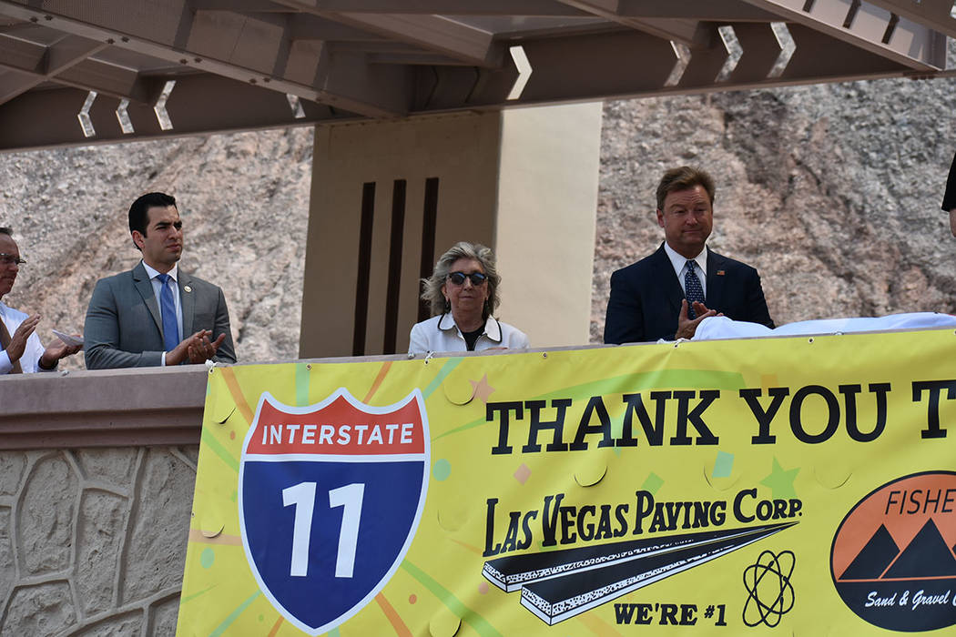 Representantes de agencias gubernamentales y legisladores republicanos y demócratas se unieron para inaugurar la I-11. Jueves 9 de agosto de 2018 en Boulder City, Nevada. Foto Anthony Avellaneda ...