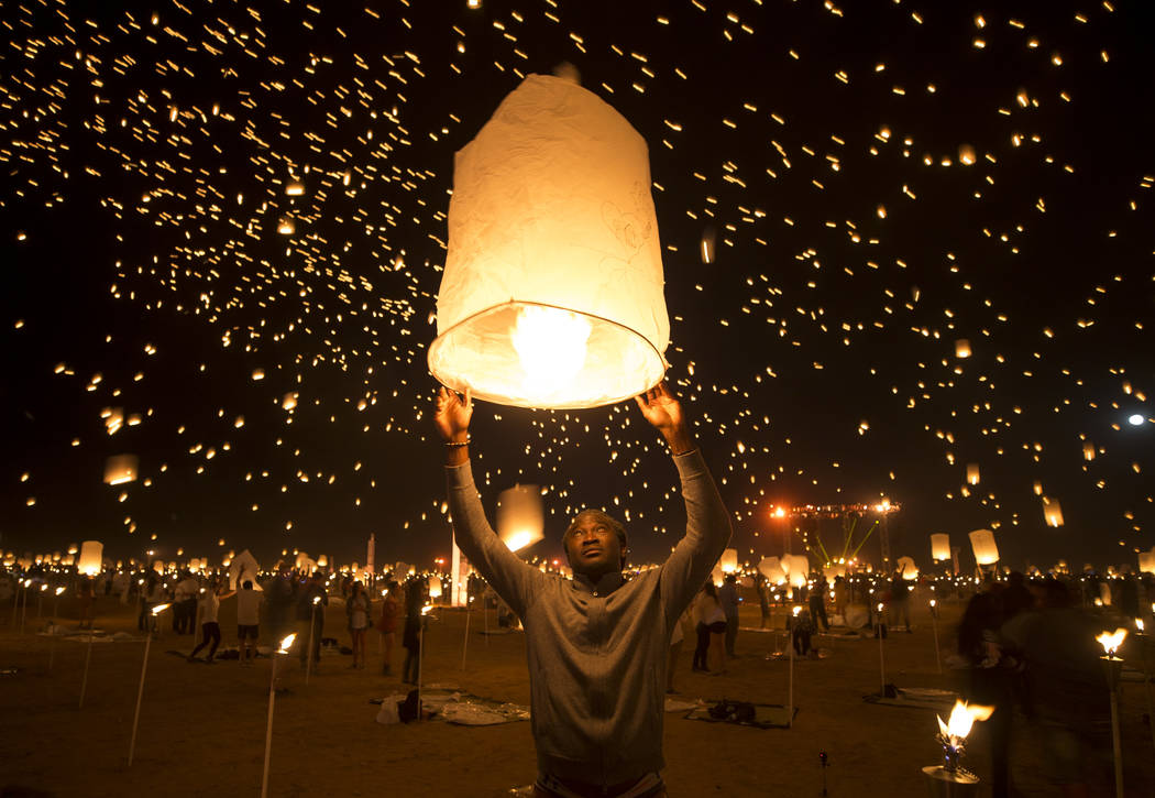 Learie Hercules of the Republic of Trinidad and Tobago releases a lantern during the RiSE Lantern Festival held at the Moapa River Indian Reservation on Friday, Oct. 6, 2017. Richard Brian Las Veg ...
