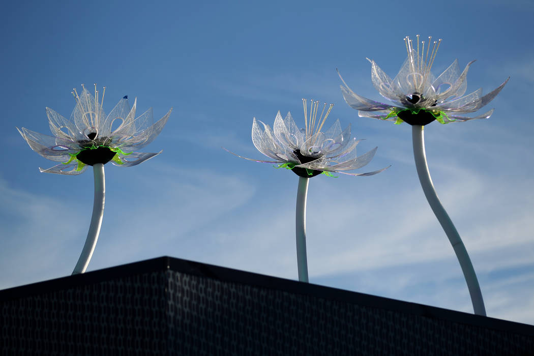 Interactivas flores Lotus de Todd Moyer en el techo del Planeta 13, que se anuncia como uno de los dispensarios más grandes del mundo, el jueves 1 de noviembre de 2018. La tienda de marihuana abr ...