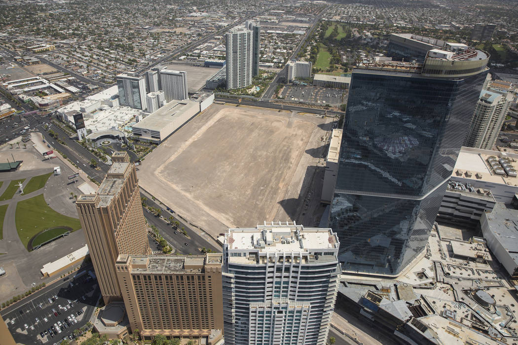 Ex-NBA player Jackie Robinson's arena and hotel project site on the Las Vegas Strip is seen in this aerial photo taken Wednesday, August 22, 2018. (Benjamin Hager/Las Vegas Review-Journal)