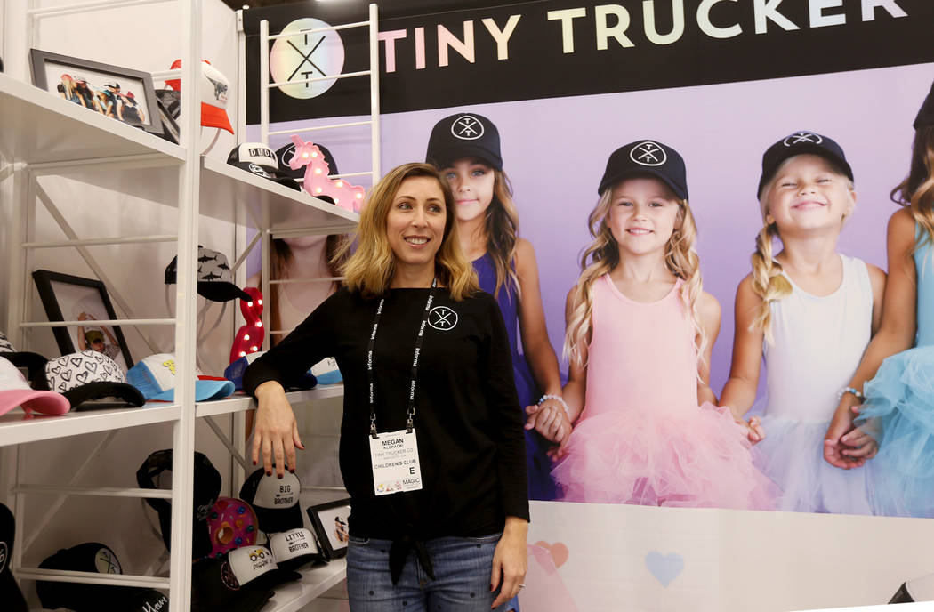 La directora de ventas Megan Klepacki, habla con el Review-Journal en el stand de Tiny Trucker Co. en la feria de moda MAGIC en el Mandalay Bay Convention Center en Las Vegas, el miércoles 6 de f ...