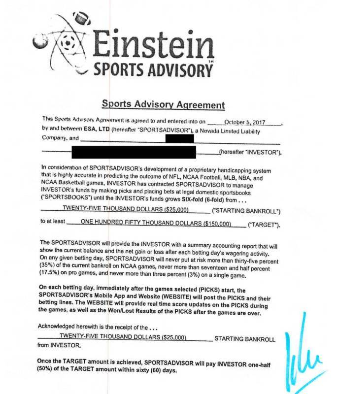 Un contrato de Einstein firmado por un cliente que invirtió 25 mil dólares en 2017. La cuenta ...