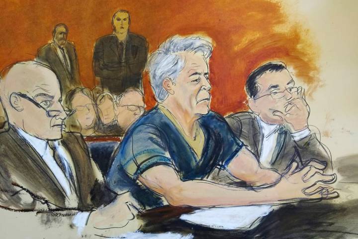 En el bosquejo del juzgado, el acusado Jeffrey Epstein, al centro, está sentado con los abogad ...