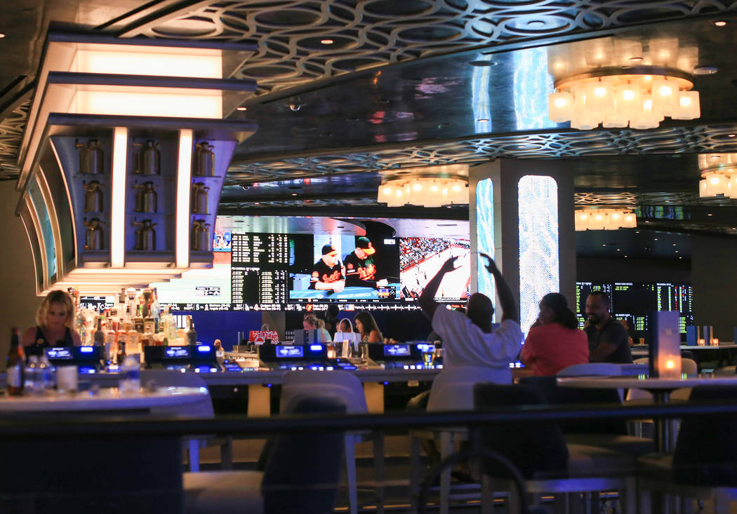 A newly renovated sports book can be seen from BLVD & MAIN Taphouse at The STRAT hotel casino i ...
