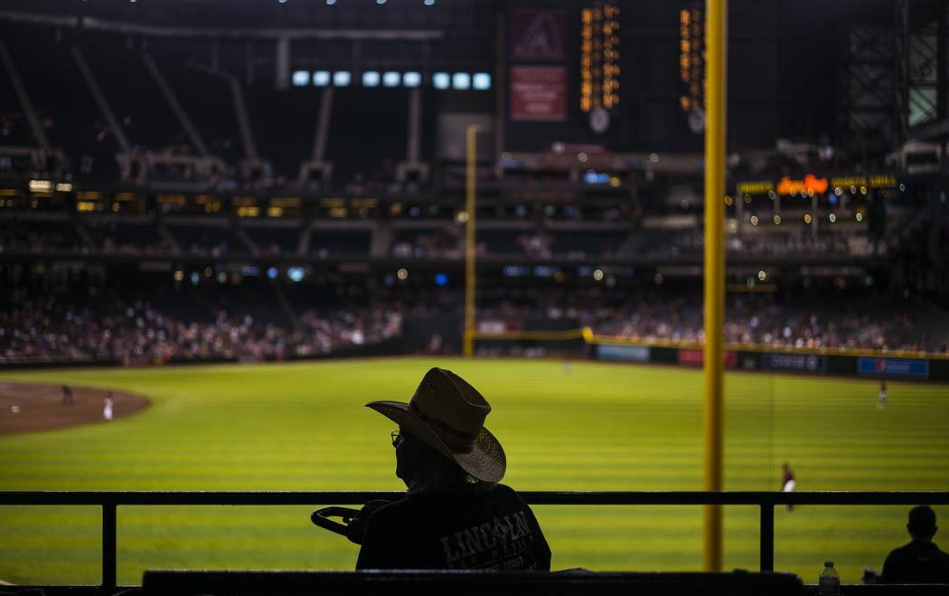 Fans miran la acción durante un partido de béisbol de los Diamondbacks de Arizona contra los ...