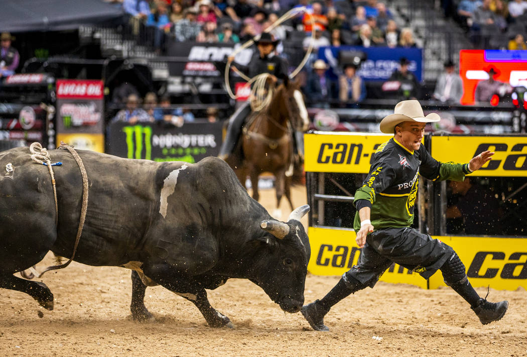 El torero Frank corre para escapar de los cuernos de un toro durante las Finales Mundiales de P ...