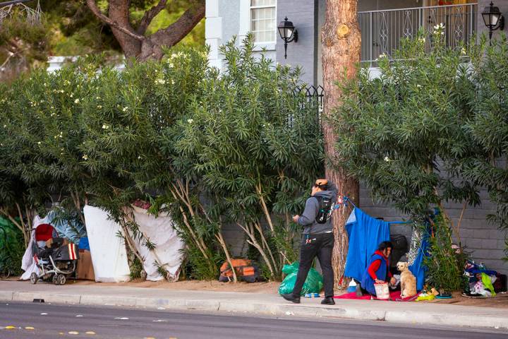 Gente erige hogares temporales entre los árboles de la avenida E. Twain cerca del parque famil ...