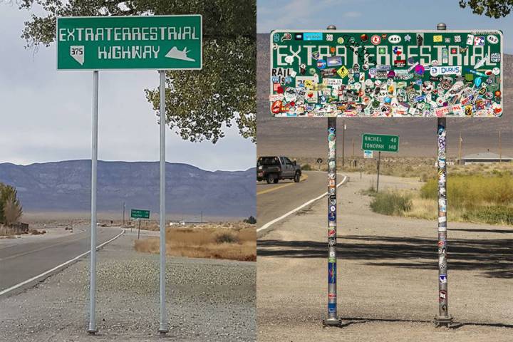 Una nueva versión del letrero "Extraterrestrial Highway" en el cruce de las rutas estatales 31 ...