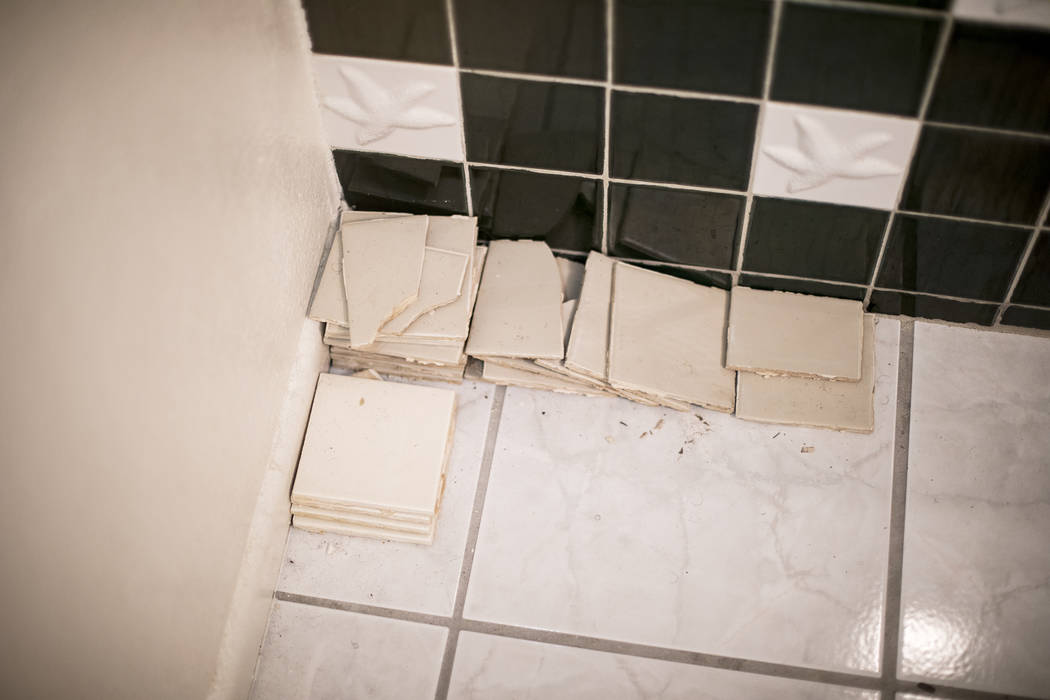 John y Mary Bodimer han reunido los azulejos que han caído del techo que gotea en el baño de ...