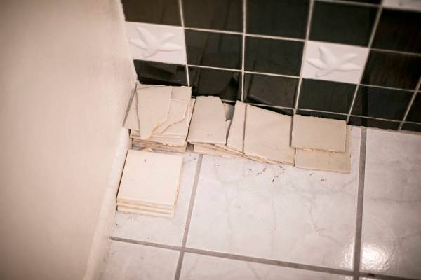 John y Mary Bodimer han reunido los azulejos que han caído del techo que gotea en el baño de ...
