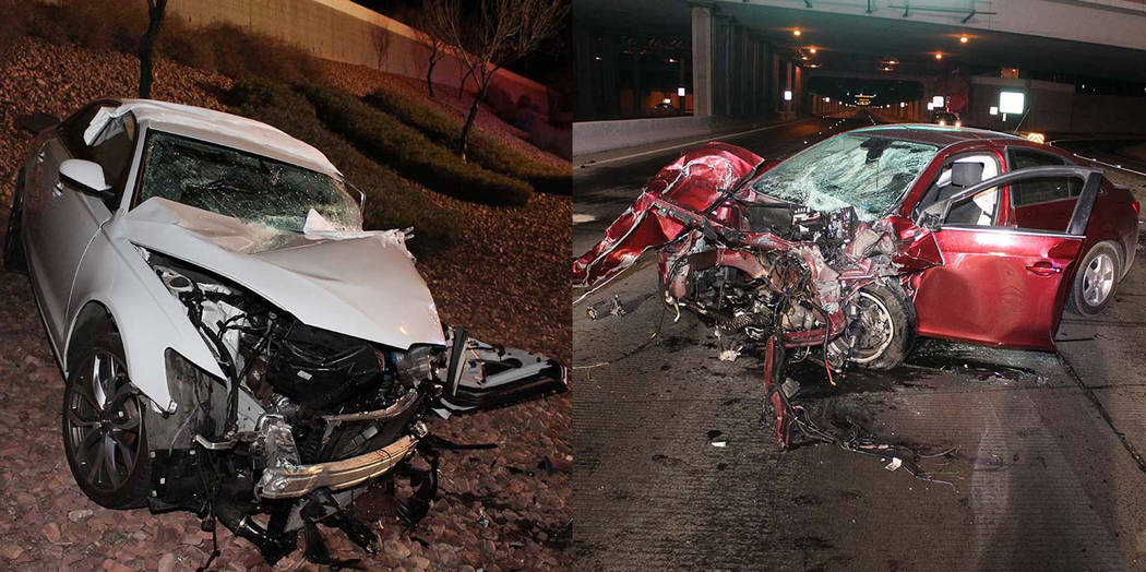 A white Audi and a Chevy Cruze are seen after a crash on the Airport Connector near McCarran In ...
