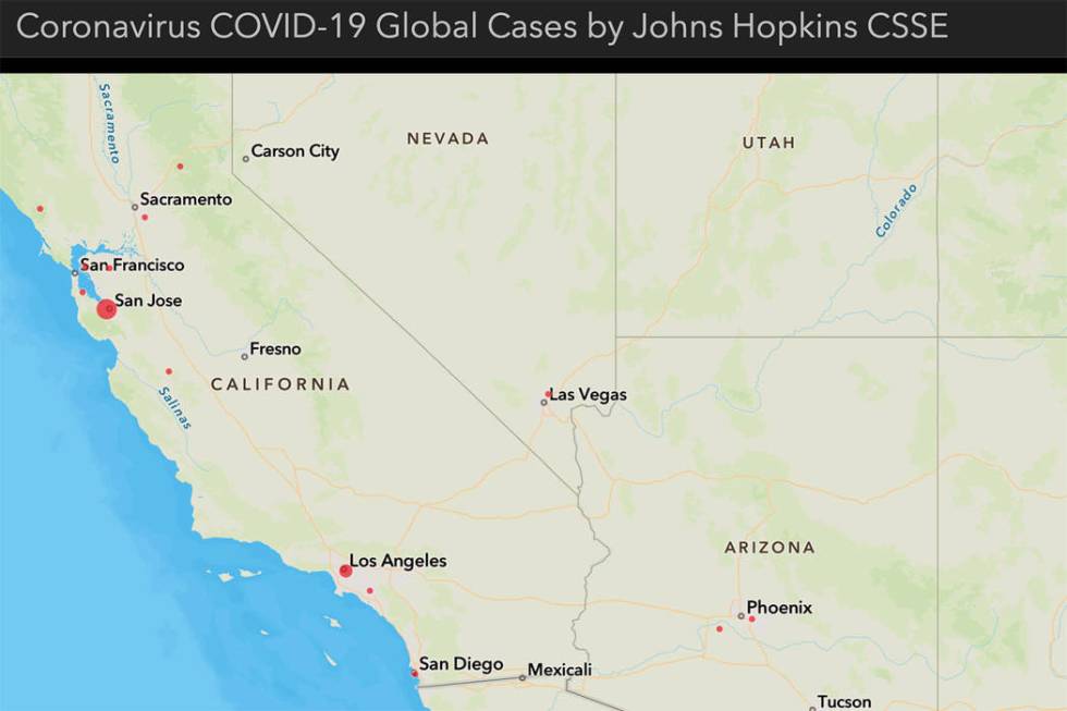 Una captura de pantalla del CSSE de Johns Hopkins muestra un caso confirmado de coronavirus en ...