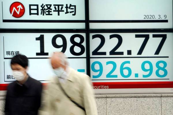 Hombres pasan por delante de un tablero electrónico que muestra el índice Nikkei 225 de Japó ...