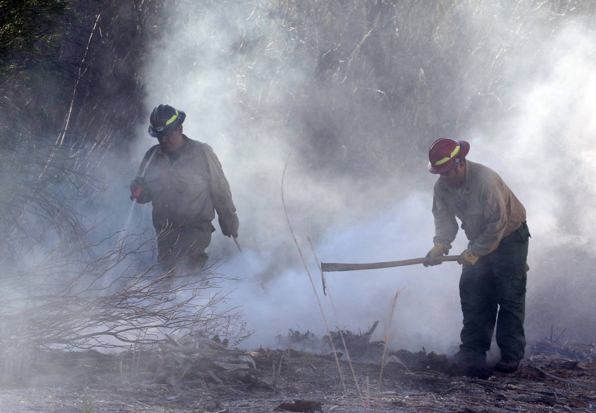 Los bomberos de la División Forestal de Nevada, Josh González, izquierda, y Raul Arroyo limpi ...