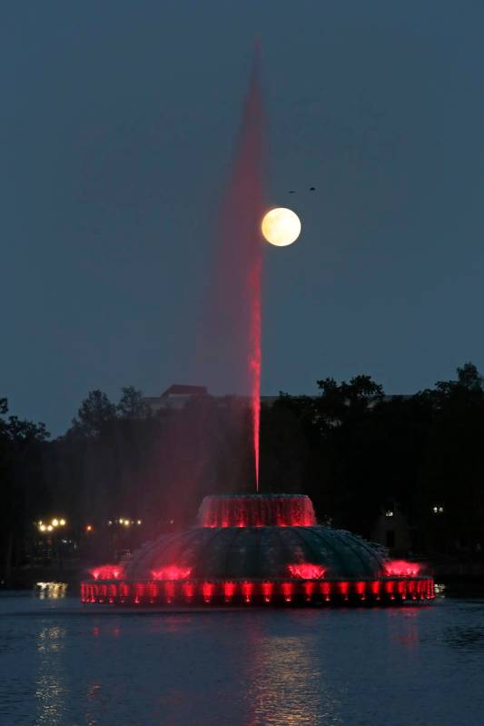 La superluna se eleva en el cielo frente a una fuente en el Lago Eola el martes, 7 de abril de ...