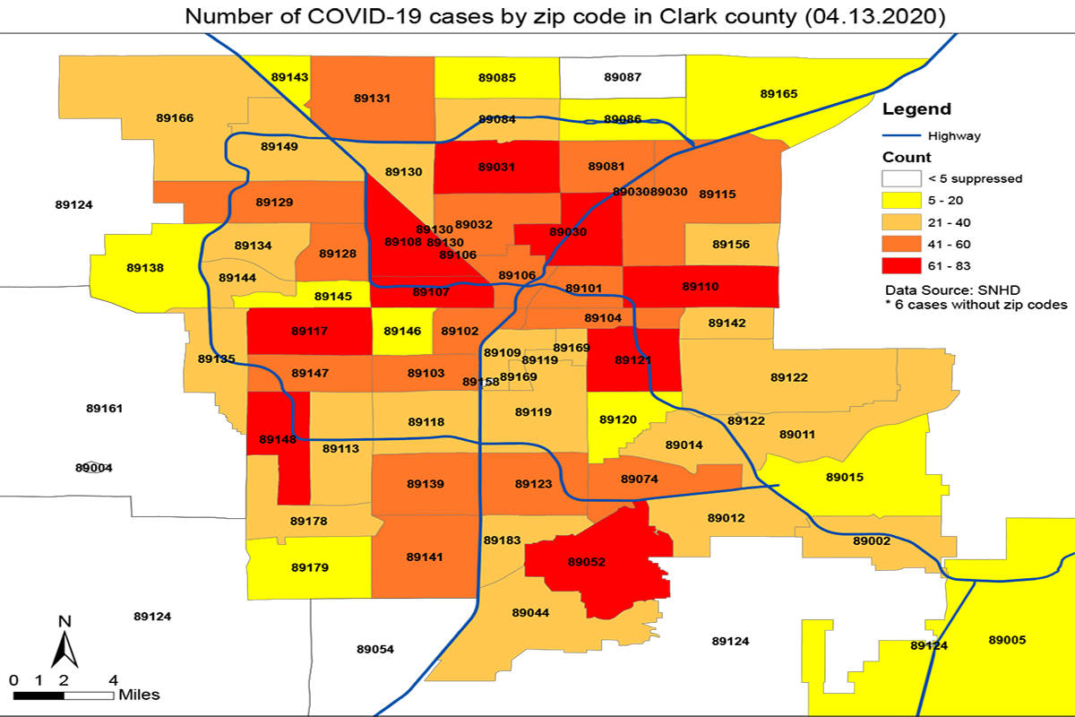 Casos de COVID-19 por código postal en el Condado Clark, NV (Distrito de Salud del Sur de Nevada).
