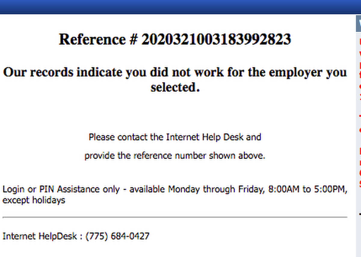 Una captura de pantalla de un mensaje emergente en el sitio web de desempleo durante el proceso ...