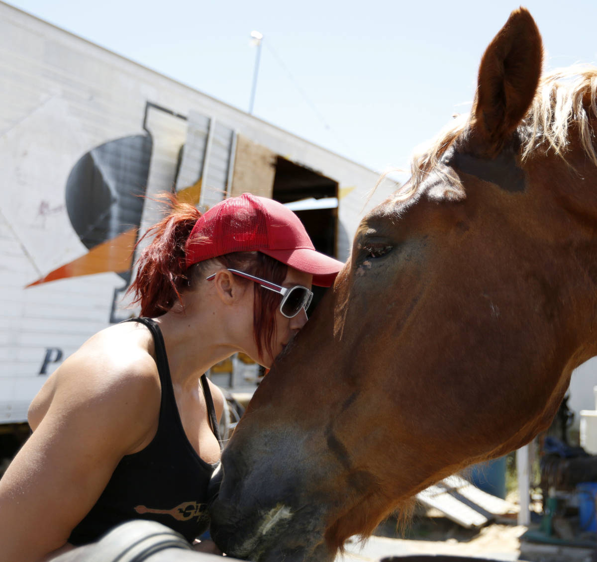 La artista de Gladius The Show, Lisa Varmbo Martonovich, besa a Thunder, un caballo, durante un ...