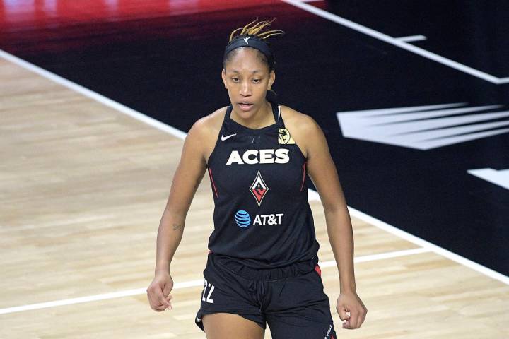 La pívot de Las Aces de Las Vegas, A'ja Wilson, el domingo, 26 de julio de 2020 en Bradenton, ...