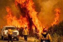 Las llamas de los incendios LNU Lightning Complex saltan por encima de Butts Canyon Road el dom ...