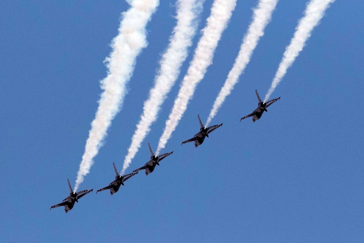 The U.S. Air Force Air Demonstration Squadron "Thunderbirds" do a flyover Red Rock Casino Resor ...