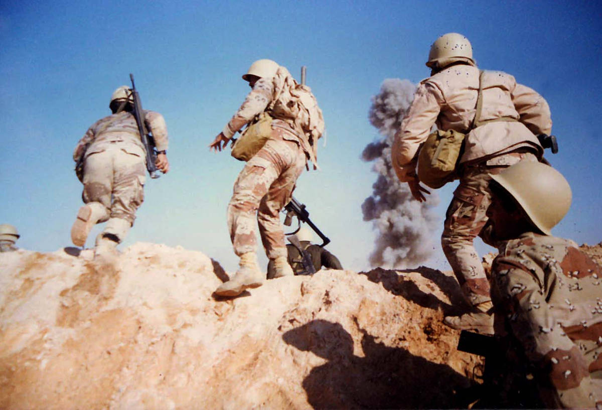 Saudi soldiers on the attack during a training exercise with U.S. Troops during Operation Deser ...