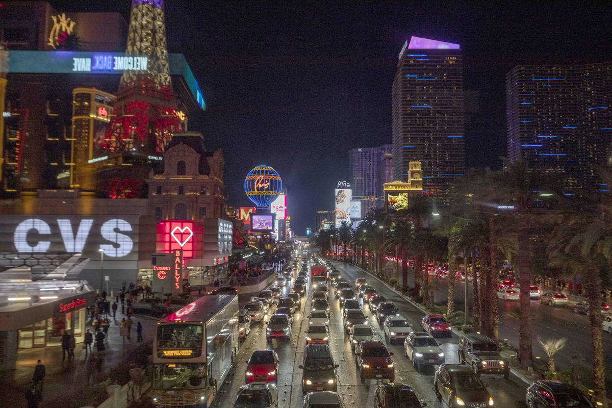 Heavy traffic moves through the Strip on Las Vegas Blvd., Friday, Nov. 27, 2020, in Las Vegas. ...