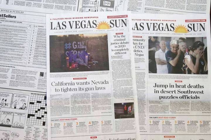 Los periódicos del Las Vegas Sun fotografiados el 29 de agosto de 2019. (K.M. Cannon/Las Vegas ...