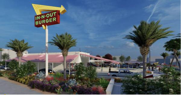 Una representación de un In-N-Out Burger que se construirá frente al Allegiant Stadium en Las ...