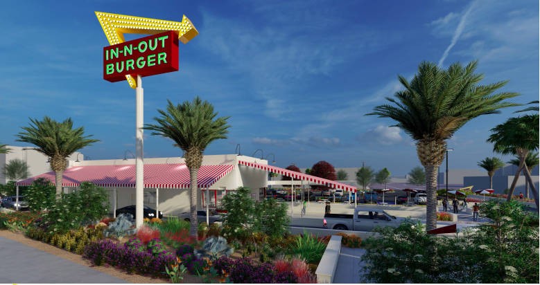 Una representación de un In-N-Out Burger que se construirá frente al Allegiant Stadium en Las ...