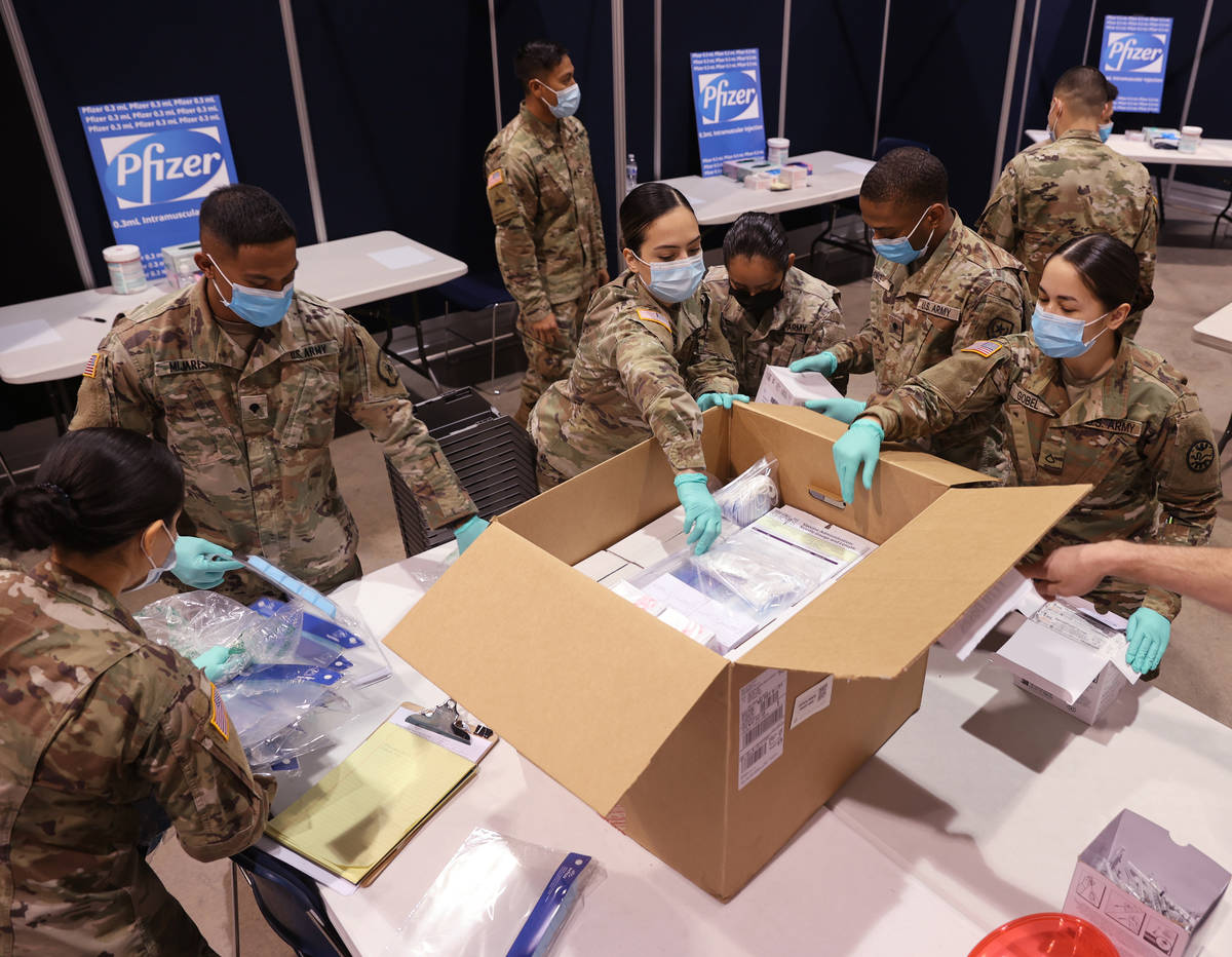 Miembros de la Guardia Nacional de Nevada descargan y preparan los artículos del kit auxiliar ...