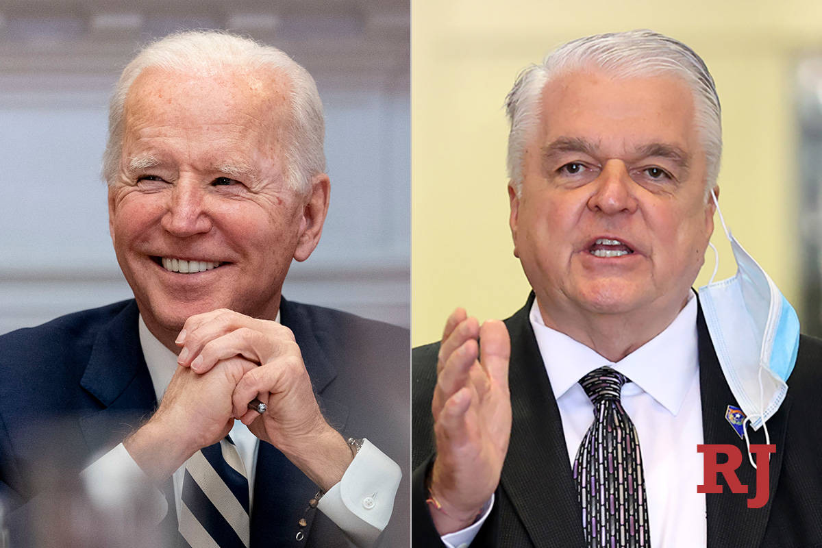 El presidente Joe Biden, a la izquierda, y el gobernador de Nevada Steve Sisolak, a la derecha. ...