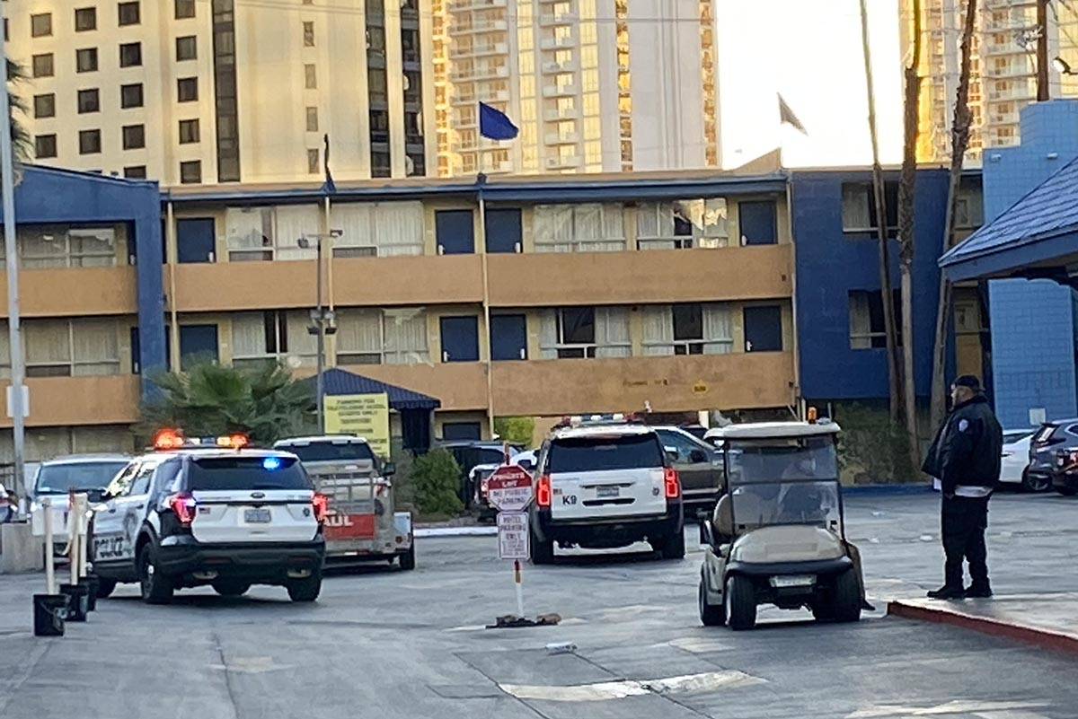 Más de una docena de coches de policía de Las Vegas fueron observados en el estacionamiento d ...