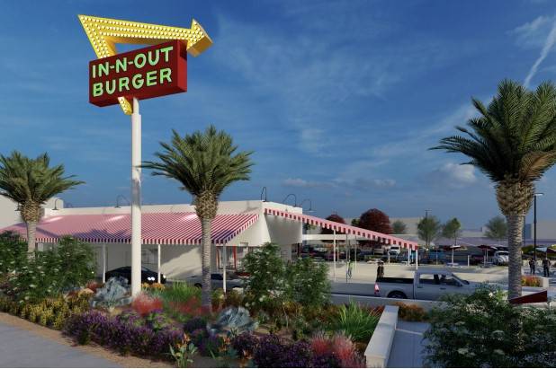 Render de un In-N-Out Burger que se construirá frente a Allegiant Stadium de Las Vegas. (Corte ...
