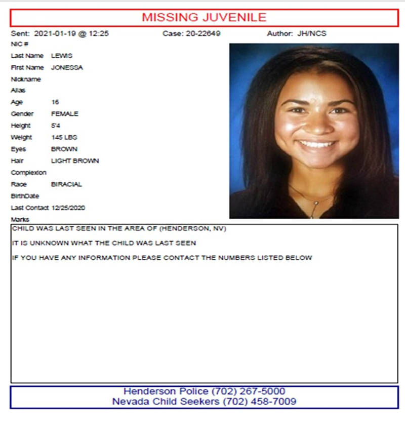 Jonessa Lewis de 16 años desapareció desde inicios de este 2021. [Foto cortesía, Nevada Chil ...