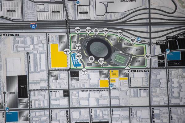 Un mapa que detalla el estacionamiento en el Estadio Allegiant se muestra durante una conferenc ...