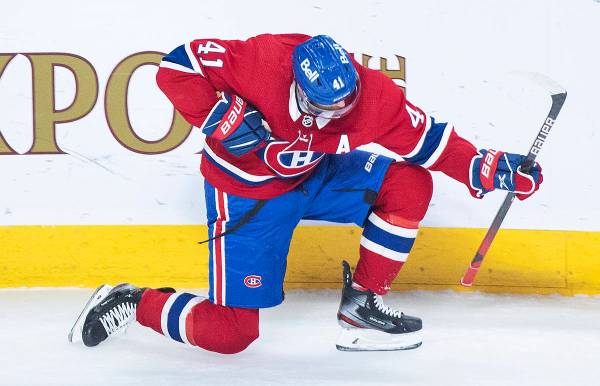Paul Byron (41), de los Montreal Canadiens, celebra su gol contra los Vegas Golden Knights dura ...