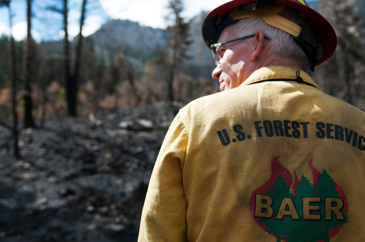 Brad Rust, científico del suelo del Shasta-Trinity National Forest, evalúa una zona afectada ...
