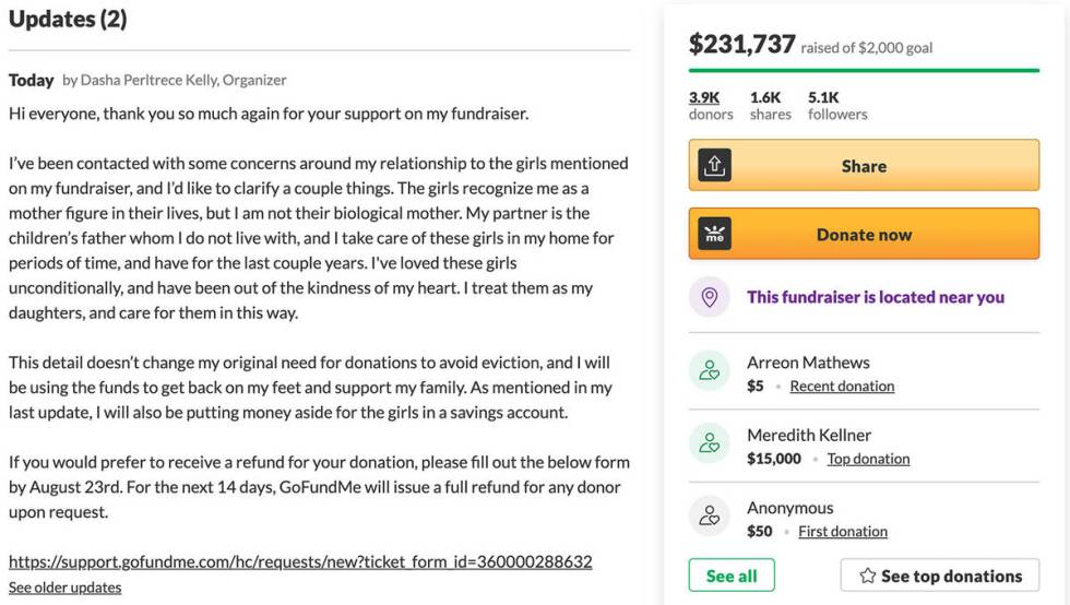 Una captura de pantalla de la página de GoFundMe de Dasha Kelly muestra más de 230 mil dólar ...