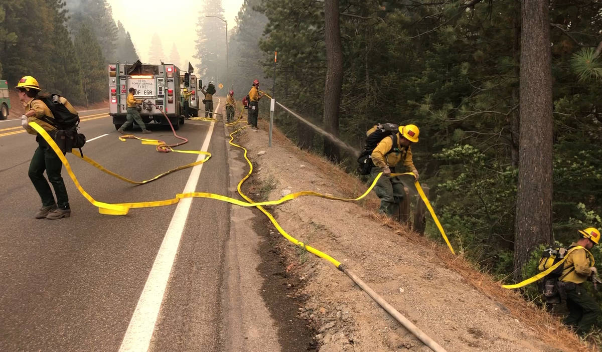 Equipos de bomberos llevan una manguera por una colina mientras el Caldor Fire arde a ambos lad ...