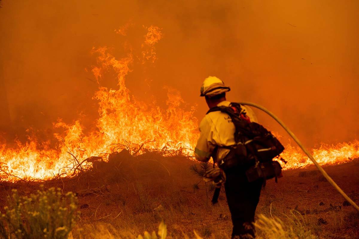 Un bombero lucha contra el “Caldor Fire" en la Highway 89, el martes 31 de agosto de 2021, ce ...