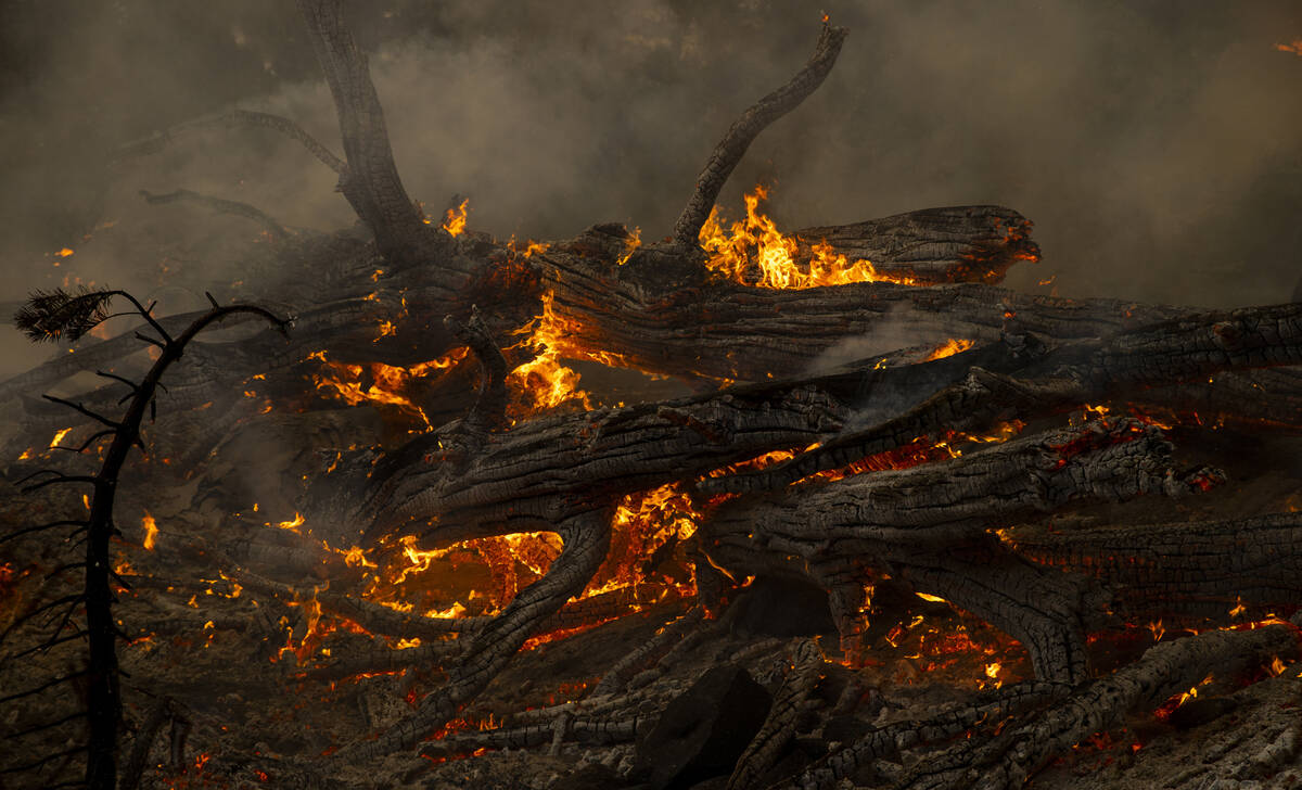 Las llamas arden en los árboles de una cresta sobre el Lago Caples mientras el “Caldor Fire" ...