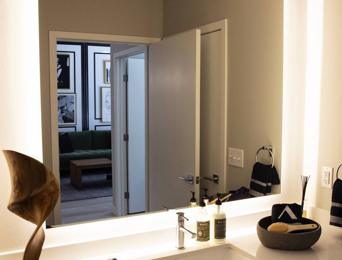 Un salón se refleja a través de un cristal del baño en un apartamento de un dormitorio en Au ...